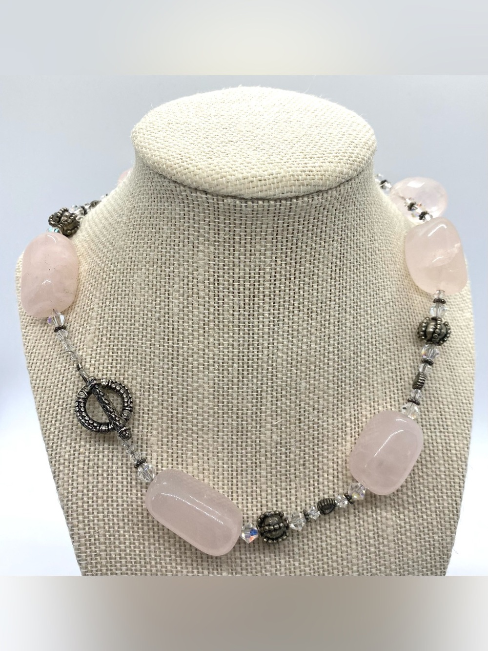 Pink Rose Quartz Beaded Necklace Boho Chunky Summer Coastal Beach Eclectic - Picture 5 of 10